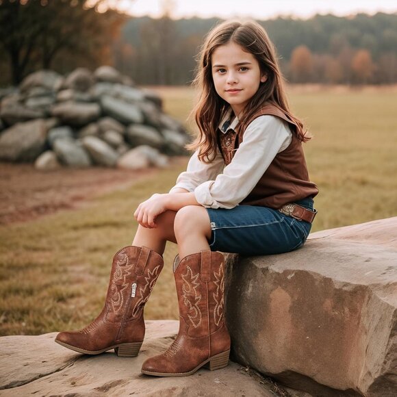 Kids Brown Cowboy Boots Pointed Toe Mid Calf Western Youth Horse Riding - Picture 3 of 7